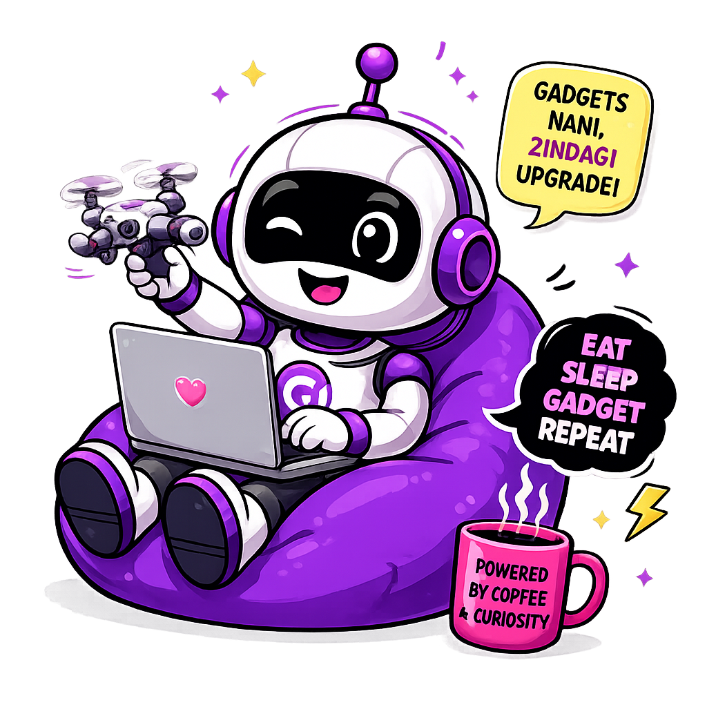 GadgetMamas mascot — cheerful robot with drone, laptop, and coffee